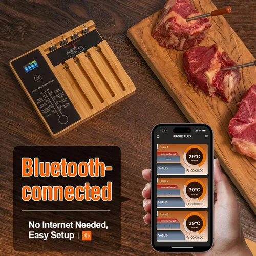 Vista 2 de Termómetro de Carne Premium Inalámbrico de 4 Sondas: Perfecto para Barbacoa, Horno, Parrilla. Aplicaciones para iOS y Android, Compatible con Apple
