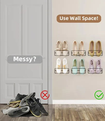 Vista 3 de Zapatero montado en la pared, paquete de 4 unidades, con tiras adhesivas para colgar, almacenamiento de zapatos de pared de metal, organizador