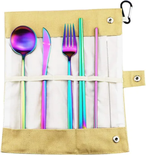 Vista 11 de Utensilios de viaje reutilizables, 7 piezas portátiles de acero inoxidable 304, incluyendo cuchillo, tenedor, cuchara, palillos, cepillo