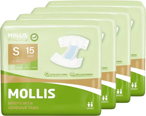 Vista 13 de MOLLIS Pañales para adultos para mujeres y hombres, calzoncillos desechables unisex para incontinencia con pestañas, control de olores, talla S, 15