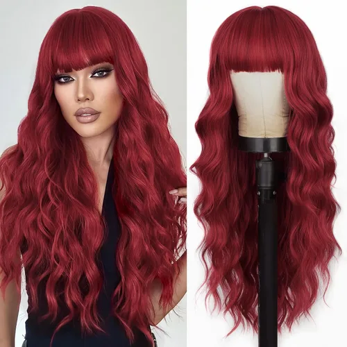 Vista 9 de Lativ Peluca castaña con flequillo para mujer, larga, ondulada, sintética Beginner Friendly,Natural Looking,Silky Smooth Texture,Heat Resistant
