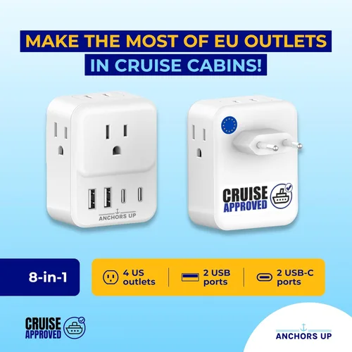 Vista 2 de Adaptador de viaje aprobado por la UE para cruceros - Extensor de enchufe múltiple 8 en 1 sin sobretensión con USB - Utilice la toma de corriente