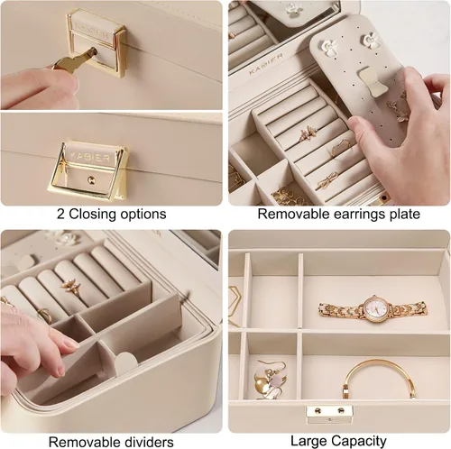 Vista 5 de Joyero mejorado, organizador de joyas de piel sintética de 2 capas para mujer con cerradura y espejo, gancho oculto para collar y divisor extraíble