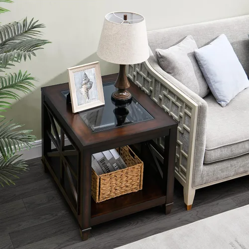 Vista 2 de LEEMTORIG Mesa auxiliar de vidrio de madera maciza para sala de estar, moderna mesa auxiliar grande de granja con almacenamiento, mesa auxiliar