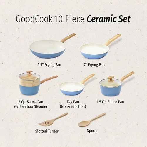 Vista 4 de GoodCook Juego de utensilios de cocina de cerámica saludable con infusión de titanio, 10 piezas, color azul claro, ollas, sartenes, vaporera