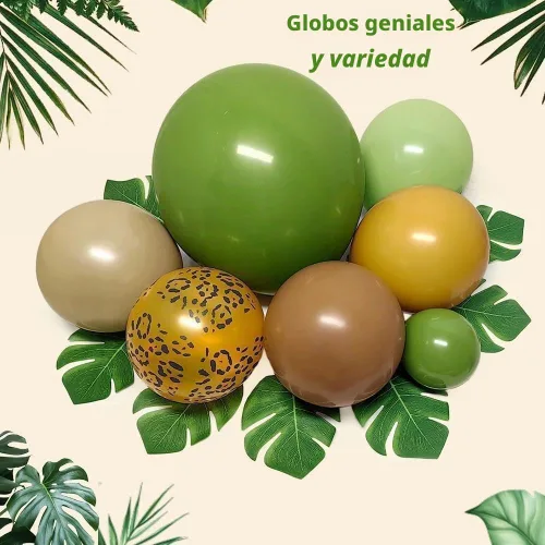 Vista 4 de Kit de guirnalda de arco de globos de safari de selva, verde salvia, marrón, amarillo, estampado animal, hojas de palma, para Wild One, safari, baby
