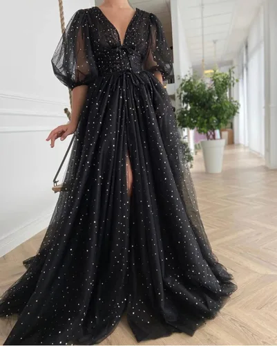 Vista 3 de Vestido de fiesta largo de tul estrellado brillante con mangas abullonadas y cuello en V con abertura, vestido de fiesta formal con bolsillos
