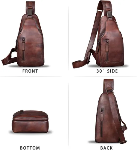 Vista 4 de IVTG Bolso bandolera de cuero genuino para hombres y mujeres, bolso cruzado de hombro en el pecho, mochila de senderismo, mochila vintage hecha a
