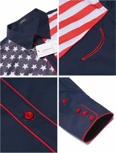Vista 5 de COOFANDY Camisa casual de manga larga con botones y bandera americana para hombre