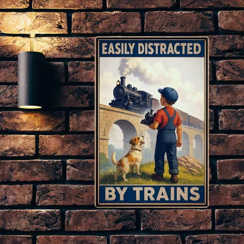 Vista 3 de Letrero de hojalata fácilmente distraído por trenes – Decoración de tren para habitación de niños y hombres – Regalos de tren para papá
