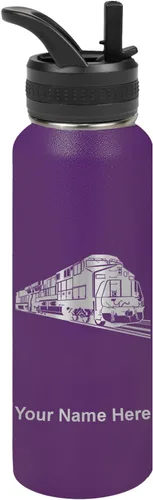 Vista 53 de LaserGram Botella de agua personalizada, tren de carga, acero inoxidable de doble pared aislada al vacío con popote superior, regalo grabado Negro