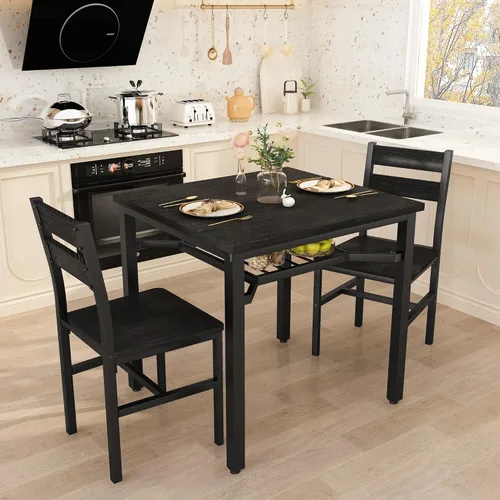 Vista 6 de Hooseng juego de mesa de comedor de 3 piezas para 2, pequeña mesa de cocina de madera con almacenamiento, juego de comedor cuadrado de estilo granja