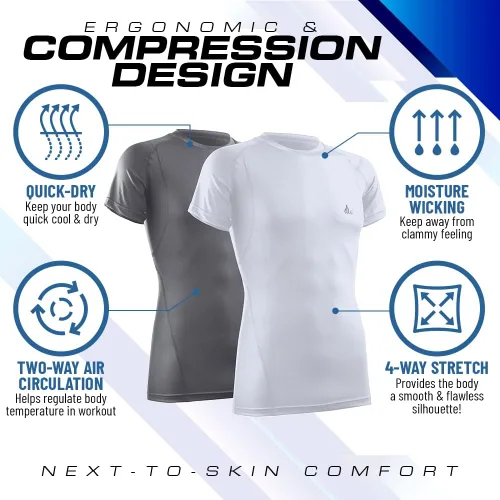 Vista 3 de Camiseta de compresión para hombre, manga corta, ajuste seco, atlética, capa base, paquete de 2