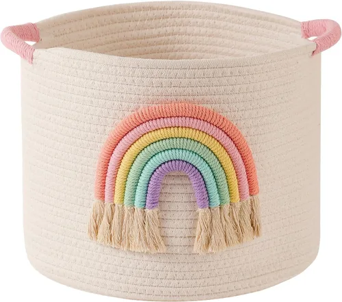 Vista 9 de Cestas de almacenamiento de juguetes cesta de almacenamiento de cuerda de algodón tejida con decoración de arco iris para niños, cestas de manta
