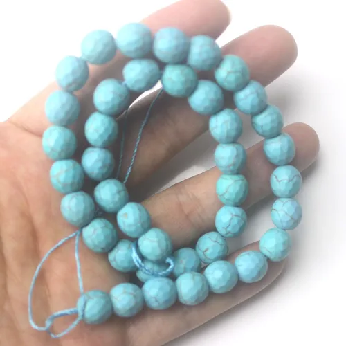 Vista 7 de Cuentas redondas de piedra semipreciosa de color turquesa azul facetado de 0.394 pulgadas (0.394 in) para hacer joyas de 15 pulgadas (38-40 unidades)