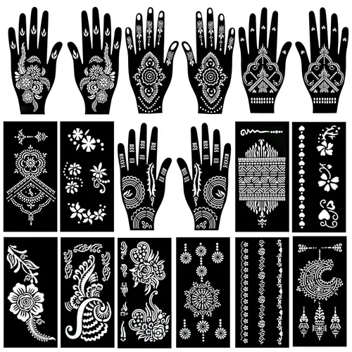 Vista 6 de Kit de Plantillas de Tatuajes Temporales de Henna de 16 Hojas, 72 PIEZAS Patrones de Animales y Flores Henna para Pintura Facial Plantillas de Arte