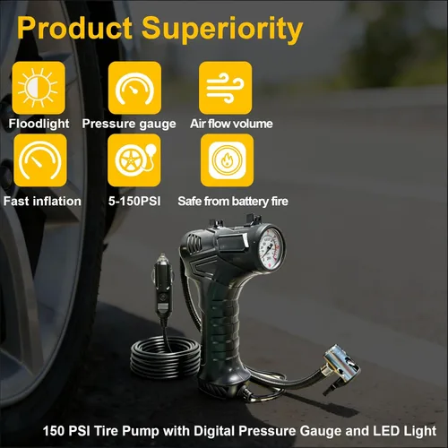 Vista 4 de Compresor de aire portátil, inflador de neumáticos de 12V DC Medidor de presión digital, 150 PSI, luz LED, coche, motocicleta, bicicleta, anillo