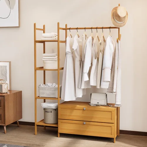 Vista 11 de Perchero de Ropa de Bambú, Perchero con Cajones y Estantes, Estantes de Almacenamiento de 5 Niveles con 6 Ganchos para Colgar, Armario Closet