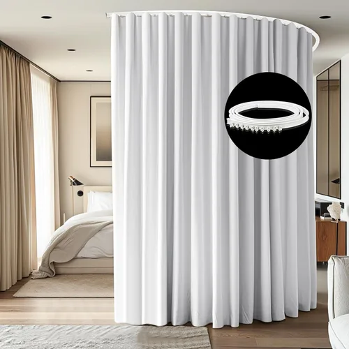 Vista 15 de Divisor de habitación con rieles para cortinas montadas en el techo, juego extra ancho de cortinas opacas con rieles flexibles para dormitorio