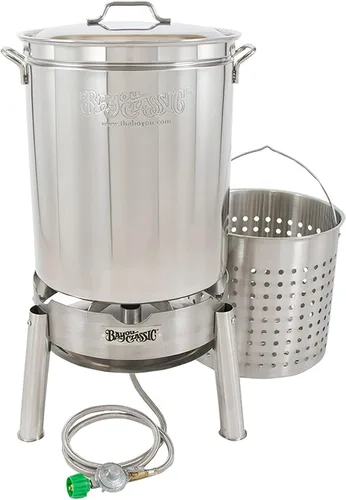 Vista 10 de Bayou Classic El kit de cocina de caldera de acero inoxidable cuenta con caldera de acero inoxidable de 44 cuartos con tapa, cesta de vapor/hervir