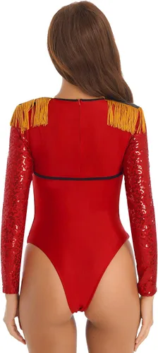 Vista 4 de YUUMIN Disfraz de Circus Ringmaster de manga larga con borlas y leotardo rojo para mujer