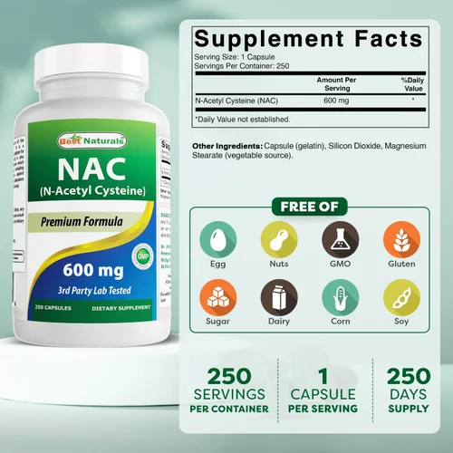 Vista 2 de Best Naturals NAC - N acetil cisteína 600 mg 250 cápsulas - n acetil cisteína - Potente antioxidante