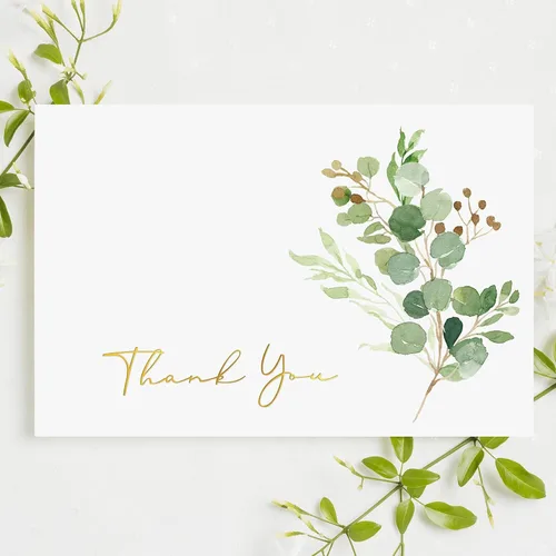 Vista 4 de Whaline Greenery - Tarjetas de agradecimiento a granel, paquete de 36 tarjetas de felicitación de eucalipto de papel dorado con sobres, calcomanías