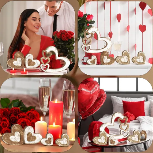Vista 4 de 7 piezas de decoración para el día de San Valentín, bandeja escalonada de madera con forma de corazón, decoración retro para el día de San Valentín