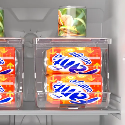 Vista 7 de SCAVATA Paquete de 2 organizadores de latas de soda para refrigerador, contenedor apilable de latas de alimentos enlatados, dispensador de latas
