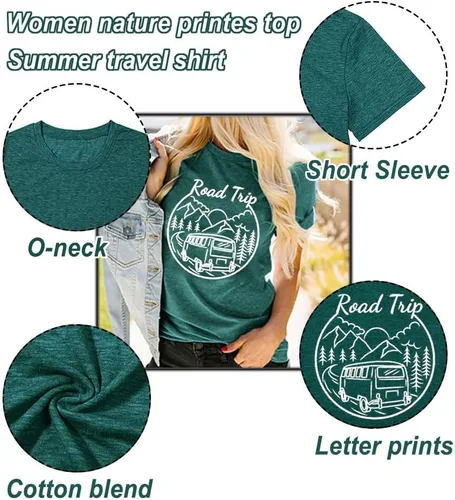 Vista 6 de Camisetas gráficas divertidas para mujer, camisetas de verano estampadas para viajes por carretera, novedad de la naturaleza, camisetas sueltas