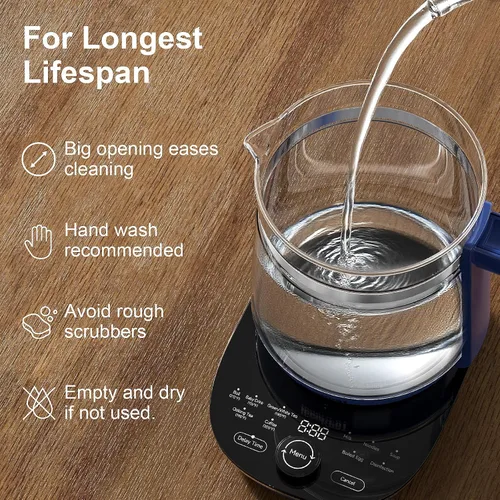 Vista 8 de Hervidor eléctrico, 1.5 L, vidrio borosilicato, hervidor de agua caliente eléctrico y tetera para café o té, sin BPA, apagado automático, acero Azul