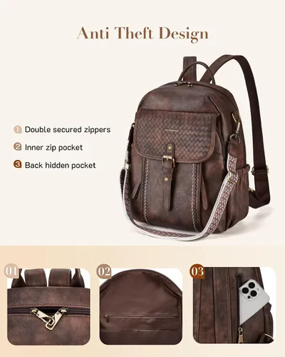 Vista 3 de Missnine Mochila de cuero para mujer, mochila antirrobo, bolsa de hombro convertible con cremalleras seguras para viajes y trabajo, Café, Vintage