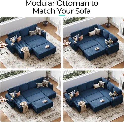 Vista 5 de LINSY HOME Sofá cama seccional con sofá cama extraíble para sala de estar (azul) Plush Corduroy