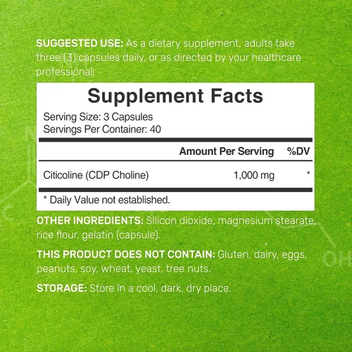 Vista 2 de Citicolina CDP Colina, 1,000mg por porción, 120 cápsulas – Suplementos de colina de fuerza extra – Propiedades de vitamina B nootrópica – Promueve