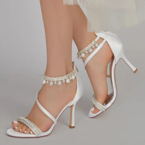 Vista 6 de Zapatos de novia para mujer, con puntera abierta, tacón alto, correa en el tobillo, zapatos de vestir, informales, formales, para bodas, fiestas