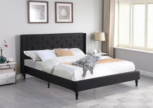 Vista 2 de Base de cama de plataforma tapizada tamaño King con cabecera de 45 pulgadas y base ajustable, cama de lino copetuda con botones, soporte de listones