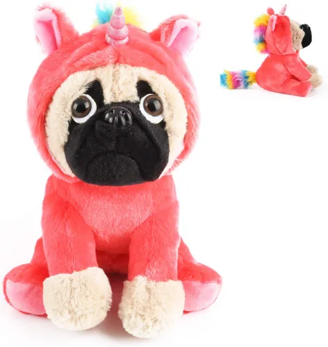 Vista 12 de Peluche de pug en disfraz de diablo de 10 pulgadas, color rojo para cumpleaños soft polyester dog with move down hood for nursery decor and