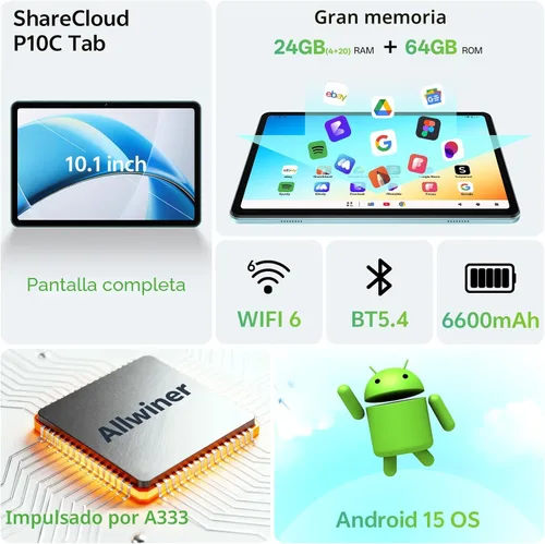 Vista 2 de Tablet 10.1 pulgadas, tableta Android con funda, gris 24 GB RAM + 64 GB ROM 1 TB expandible, pantalla táctil IPS HD 1280 x 800, batería de 6600