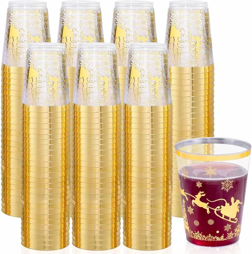 Vista 18 de Supernal 100 piezas de vasos de plástico azules, vasos desechables transparentes azules claros de 10 onzas con borde dorado, vasos de plástico