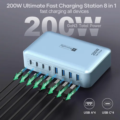 Vista 3 de Estaciones de carga múltiple de 8 puertos de 200 W con enchufe plano, cable de alimentación trenzado e interruptor de encendido/apagado