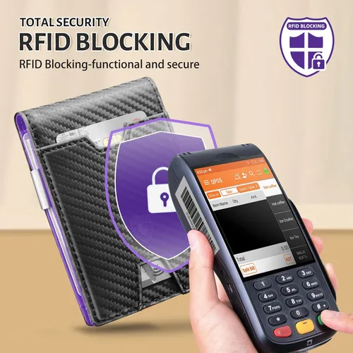 Vista 4 de GSOIAX Billetera delgada para hombre con clip para dinero, bloqueo RFID, minimalista, de piel auténtica, de fibra de carbono, 11 ranuras