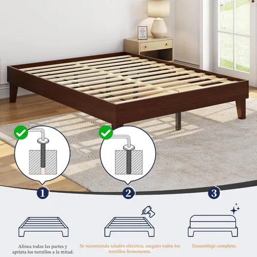 Vista 4 de Yaheetech Base de cama Queen con plataforma de madera maciza natural con soporte de listones de madera, espacio debajo de la cama de 7.3 pulgadas