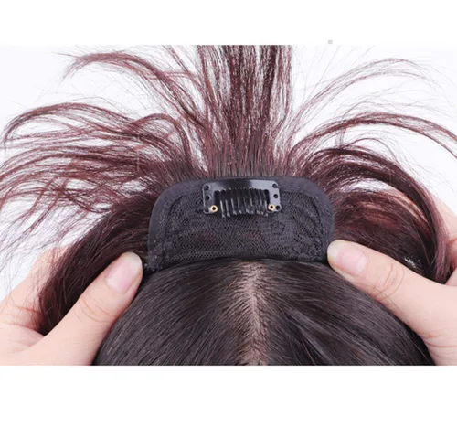 Vista 3 de 3 x 4.7 pulgadas con clip superior para mujer, cabello humano ligeramente rizado con flequillo lateral, color marrón oscuro, 10 pulgadas