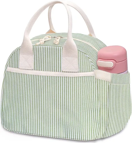 Vista 7 de Carry bloom Lonchera para mujer, lonchera aislada, bonita lonchera de pana reutilizable para el trabajo (1 rayas blancas y negras)