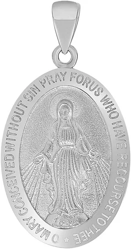 Vista 3 de Collar con colgante de medallón milagroso de la Virgen María en oro blanco sólido de 14 quilates