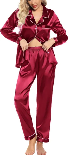Vista 2 de Leikar Pijama de seda de manga larga para mujer, conjunto de pijama suave con botones