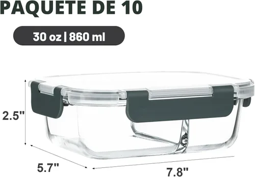 Vista 2 de M MCIRCO - Paquete de 10, 30 onzas, 2 compartimentos de vidrio para preparación de comidas con tapas Divided Glass Food Storage Containers