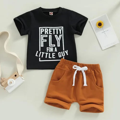 Vista 15 de Conjunto de traje de verano para bebé niño pequeño, manga corta, cuello redondo, letras impresas, lindo traje de verano, conjunto de 2 piezas