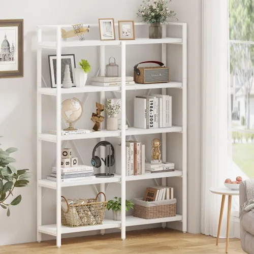 Vista 6 de FATORRI Estanterías y estanterías, estantería de metal de madera de 5 niveles de alto, estantería moderna de 51 pulgadas de ancho para oficina
