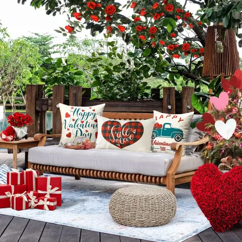 Vista 7 de Artscope Fundas de almohada impermeables para el día de San Valentín, juego de 4 fundas de cojín de lino y algodón para sofá en exteriores, 12 x 20
